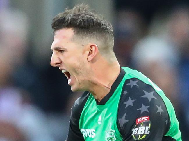 HOBART, AUSTRALIA - FEBRUARY 14: Daniel Worrall of the Stars celebrates after dismissing Matthew Wade of the Hurricanes during the Big Bash League semi final match between the Hobart Hurricanes and the Melbourne Stars at Blundstone Arena on February 14, 2019 in Hobart, Australia. (Photo by Scott Barbour/Getty Images)