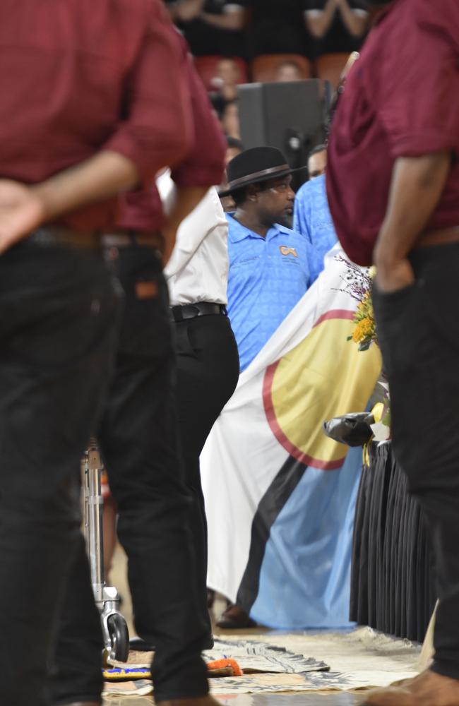 Dr Bush-Blanasi’s casket was draped in the Blue Mud Bay Sea Rights flag — a testament to his fight for sea country rights in Arnhem Land — during his state funeral on Friday, December 15.