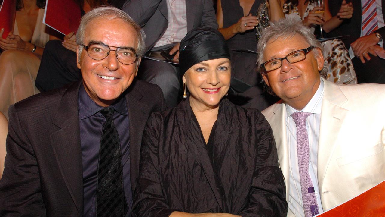 George and Harry with Maggie Tabberer at the David Jones Winter 2006 collection parade at Sydney Town Hall.