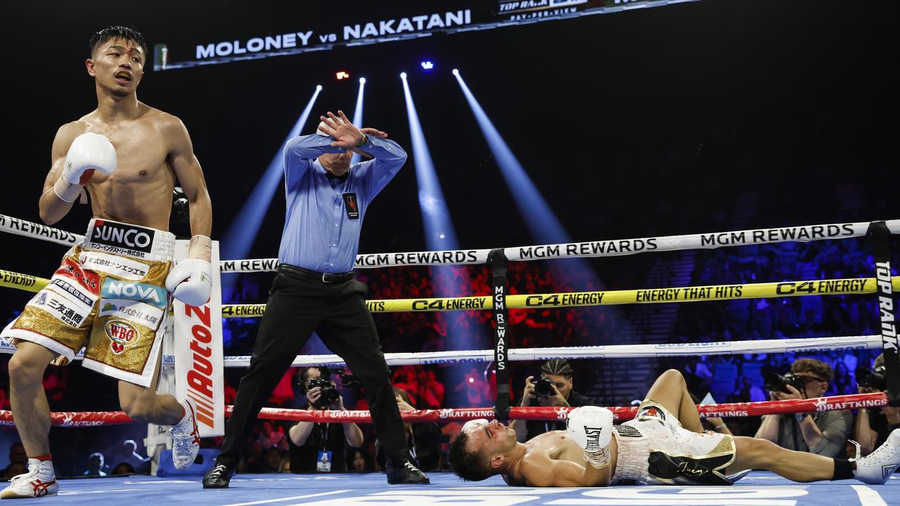 LAS VEGAS, NEVADA - MAY 20: Andrew Moloney of Australia is TKO'd by Junto Nakatani of Japan during their junior bantamweight bout at MGM Grand Garden Arena on May 20, 2023 in Las Vegas, Nevada. (Photo by Sarah Stier/Getty Images)