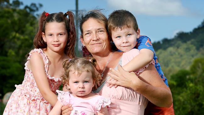 Cassandra Riddell with her children Katy, 7, Maverick, 3, and Sapphire, 1. Picture: Steve Pohlner