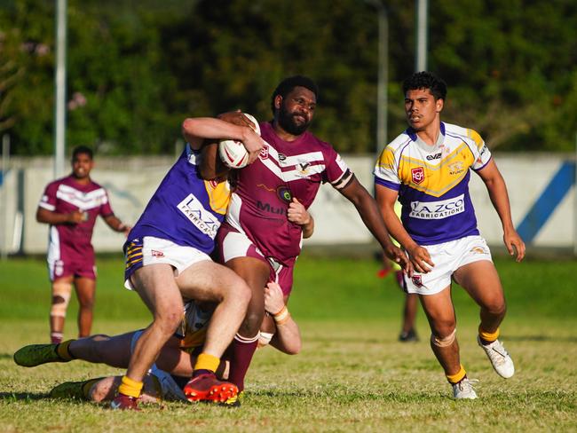 Yarrabah's Samukie Gaidan is tackled during the game against Edmonton Storm at Petersen Park, Edmonton.