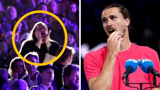 Alexander Zverev getting interrupted by a protester. Photos: AFP