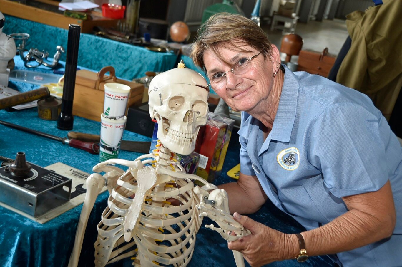 Maree Pitt with Skeleton. Stall holders set up for annual Swap Meet at Toowoomba Showgrounds. February 2019. Picture: Bev Lacey