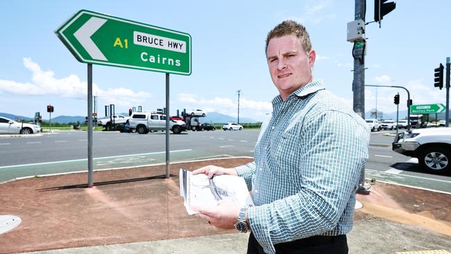 Division 2 councillor Matt Tickner would like to see the state and federal governments fast track the master plan for the Bruce Highway intersection at Robert and Swallow Road in Bentley Park, the location of two fatal accidents in the past month. The Cairns Bruce Highway Upgrade master plan would see the intersection closed and new on-ramps and off-ramps built south of Bentley Park College. Picture: Brendan Radke