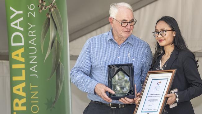 TRC Mayor Paul Antonio and Toowoomba Young Citizen of the Year winner Mahsa Nabizada. Australia Day celebrations at Picnic Point in Toowoomba. Thursday, January 26, 2023. Picture: Nev Madsen.