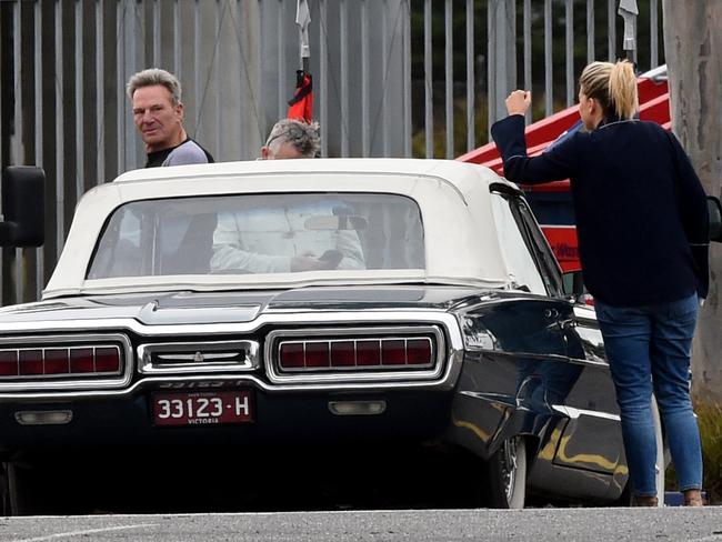 Sam Newman and Bec Maddern during filming outside The Footy Show’s Docklands studio. Picture: Kylie Else