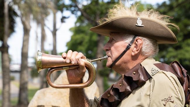 Doug Lyon has not missed playing The Last Post and Reveille at an Anzac Day service since 1956. Thursday, April 20, 2023. Picture: Christine Schindler