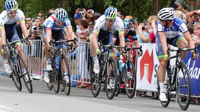 Simon Gerrans (right), winning the first intermediate sprint, picked up crucial seconds to significantly reduce his deficit t...