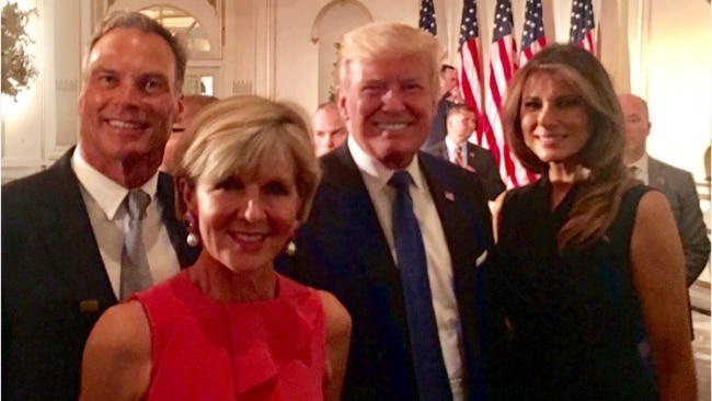 Ms Bishop and Mr Panton meeting with US president at the time Donald Trump and his wife Melania in 2017. Picture: Instragram/@honjuliebishop