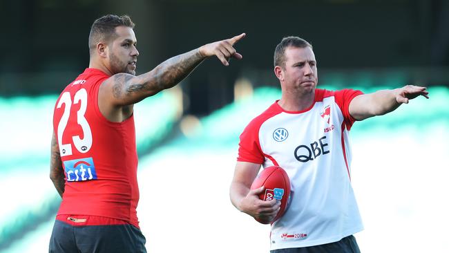 Steve Johnson with Lance Franklin at Swans training. Picture. Phil Hillyard