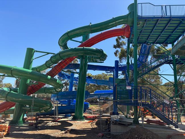 The multiple slides of the water slide tower are almost complete, alongside the 10 metre high tower itself.