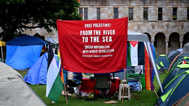 A sign at the pro-Palestinian protest camp at the University of Queensland on Thursday. Picture: Dan Peled / NCA NewsWire