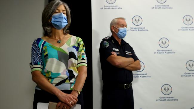 Professor Spurrier and Mr Stevens during a Covid press conference. Picture: NCA NewsWire / Kelly Barnes