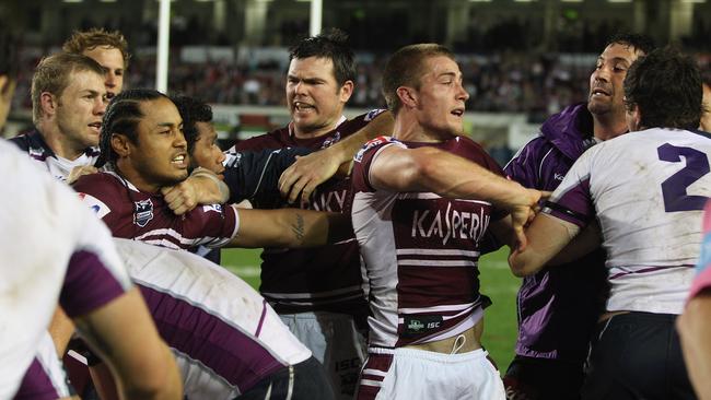 As the fight raged on, players from both benches also entered the fray. Picture: Getty Images.