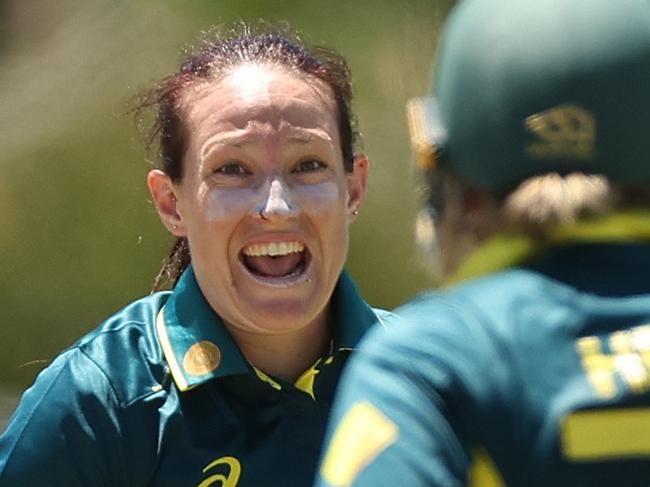 CANBERRA, AUSTRALIA - JANUARY 28:  Megan Schutt of Australia celebrates taking the wicket of SunÃÂ© Luus of South Africa during game two of the Women's T20 International series between Australia and South Africa at Manuka Oval on January 28, 2024 in Canberra, Australia. (Photo by Mark Metcalfe/Getty Images)