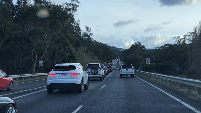 Traffic backs up on the Southern Outlet after another crash. Picture: PHILIP YOUNG