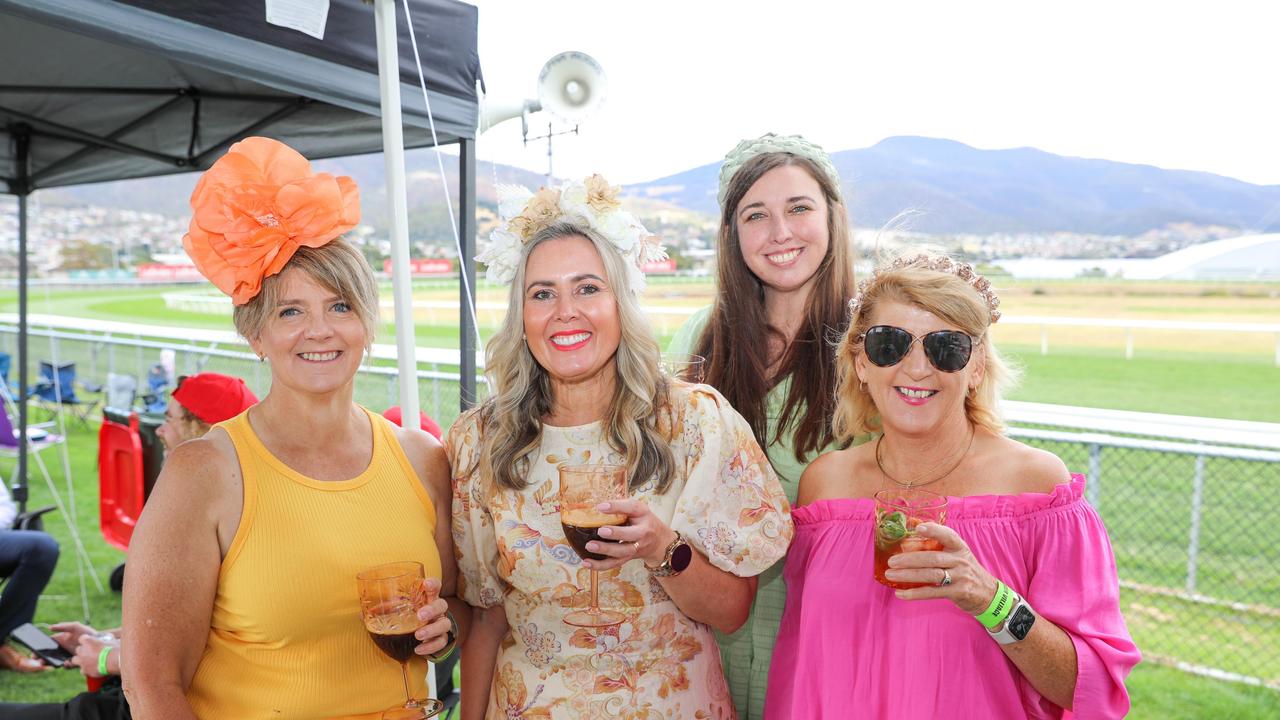 Sue Fisher, Della Stevens, Prue Easton and Fraces Driessen from the Camelot Marquis at the Hobart Cup Day. Picture : Mireille Merlet