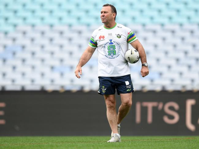 Raiders coach Ricky Stuart watches on during a training session at ANZ Stadium in Sydney, Saturday, October 5, 2019. (AAP Image/Dan Himbrechts)