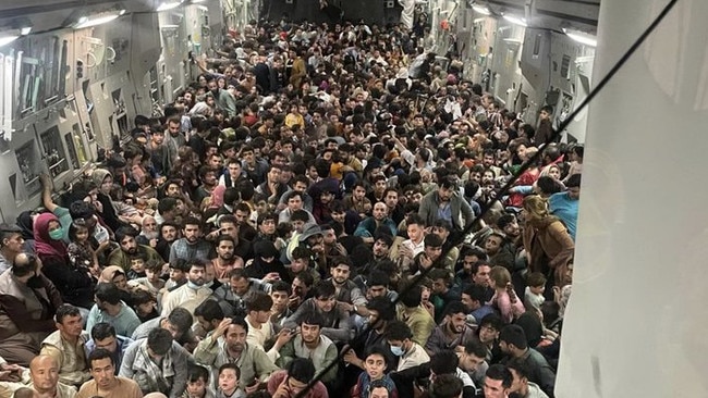 The human cargo on board the C-17 Globemaster II plane out of Kabul on Sunday. Picture: Marcus Weisgerber/@MarcusReports