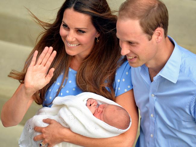 Kate and William pictured outside The Lindo Wing with their newborn son Prince George at St Mary's Hospital on July 23, 2013. Picture: Getty Images