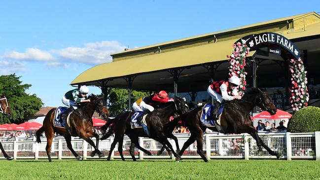 La Crique scores the $500,000 Magic Millions National Classic at Eagle Farm on Saturday, giving James McDonald his fourth winner of the day. Picture: Grant Peters / Trackside Photography.