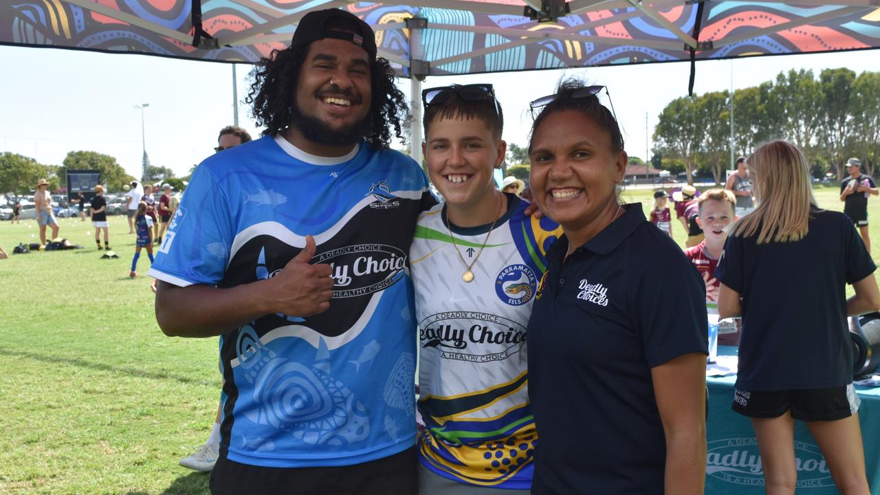 Jordan Bank-Burke, Kirra Muggeridge and Larissa Chamber at the Play Something Unreal rugby league clinic in Kawana. Picture: Sam Turner