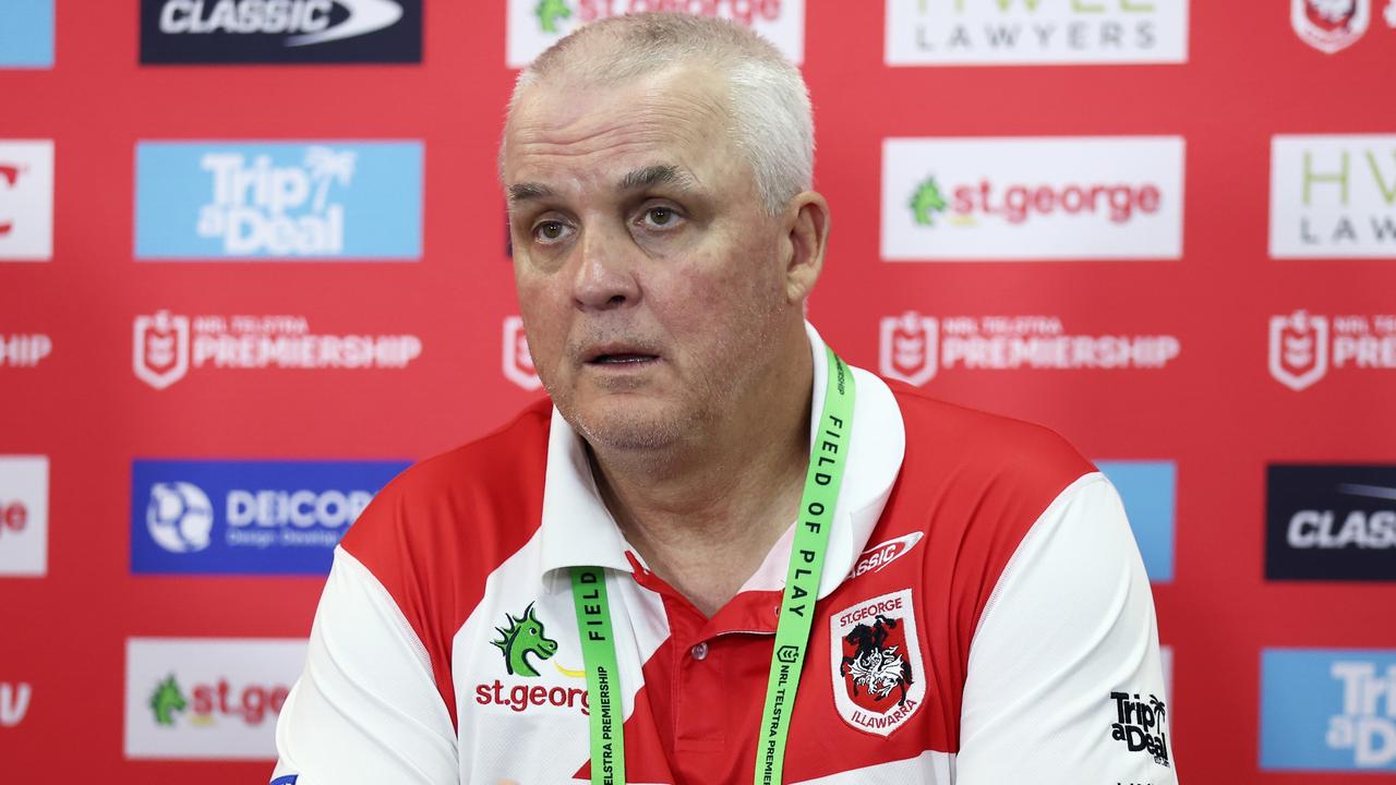 SYDNEY, AUSTRALIA - MARCH 12: Dragons head coach Anthony Griffin speaks to the media after the round two NRL match between the St George Illawarra Dragons and the Gold Coast Titans at Netstrata Jubilee Stadium on March 12, 2023 in Sydney, Australia. (Photo by Matt King/Getty Images)