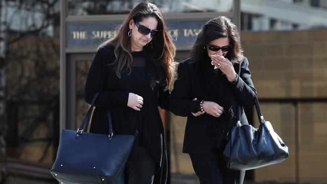 Voula Delios’ daughter and sister leave the Supreme Court. Picture: LUKE BOWDEN