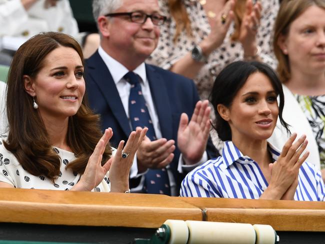 LONDON, ENGLAND — JULY 14: Catherine, Duchess of Cambridge and Meghan, Duchess of Sussex attend the women’s final at Wimbledon. Picture: Clive Mason/Getty Images.