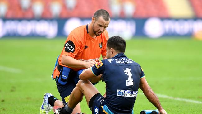 Corey Thompson was laid out in a high tackle during his Titans debut. Picture: Getty