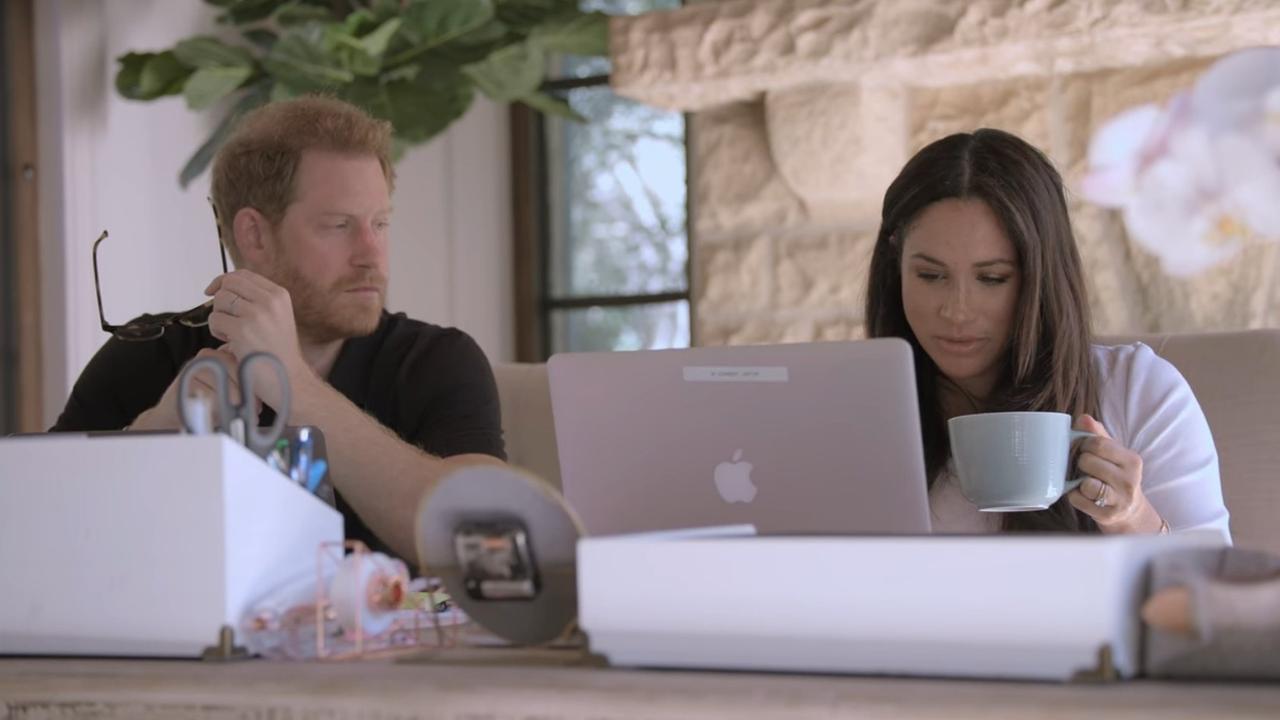 Meghan and Harry react to a text message received from Beyonce. Picture: Netflix