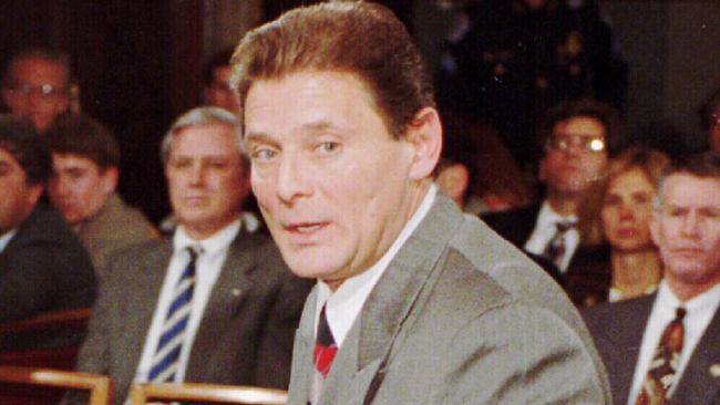 Former Gambino crime family underboss Salvatore "Sammy the Bull" Gravano appears 03 apr 1993 at hearing of Senate Permanent Investigations subcommittee on Capitol/Hill General/ Alone  mafia crime o/seas usa headshot