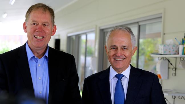 Prime Minister Malcolm Turnbull and Federal Member for Forde Bert van Manen. (AAPImage/David Clark)