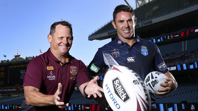 Rugby league State of Origin coaches Kevin Walters and Brad Fittler  at Adelaide Oval last year after the Oval was named as a venue for the 2020 State of Origin series. Picture: SARAH REED