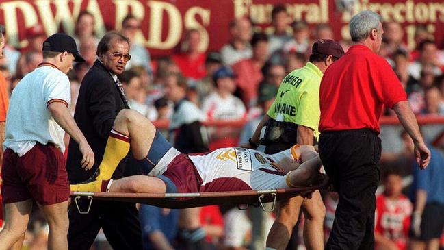 Glenn Lazarus suffered a bad ankle injury during the 1997 Wigan v Brisbane Super League World Club Challenge game.