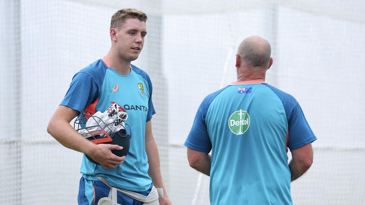 Cameron Green of Australia speaks to batting coach Michael Di Venuto during a nets session ahead of the First Test in the series between New Zealand and Australia at Wellington College on February 28, 2024 in Wellington, New Zealand. (Photo by Hagen Hopkins/Getty Images)