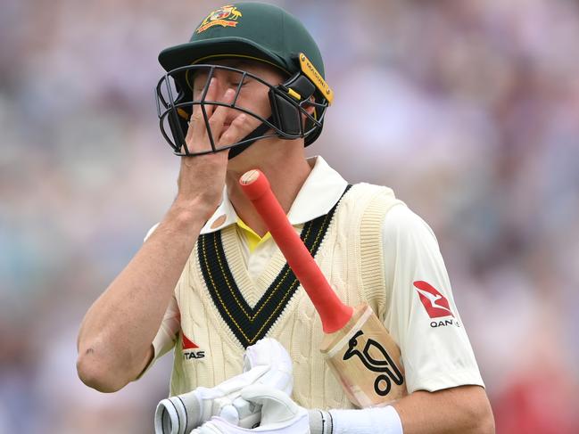 BIRMINGHAM, ENGLAND - JUNE 17: Marnus Labuschagne of Australia reacts after being dismissed by Stuart Broad of England during Day 2 of the LV= Insurance Ashes 1st Test match between England and Australia at Edgbaston on June 17, 2023 in Birmingham, England. (Photo by Stu Forster/Getty Images)