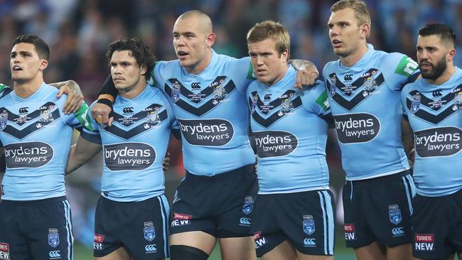 NSW players during last year’s Game 3 anthem. Picture: Phil Hillyard