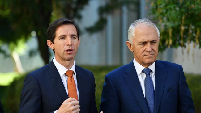 Education Minister Simon Birmingham with Prime Minister Malcolm Turnbull. Picture: AAP/Mick Tsikas