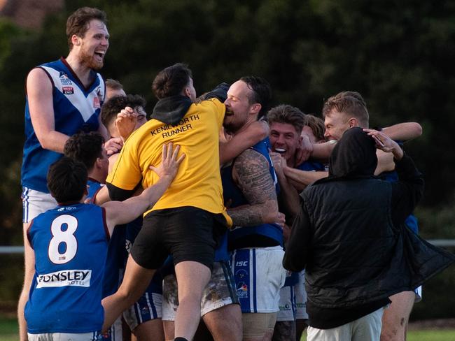 Kenilworth players celebrate after Bradley Rayson's match-winning goal on Saturday. Picture: Supplied