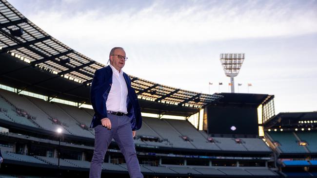 Australian Labor Prime Minister Anthony Albanese began election day like it was the last day in September, doing live morning interviews from the hallowed turf of the Melbourne Cricket Ground. Picture: Jason Edwards / NewsWire