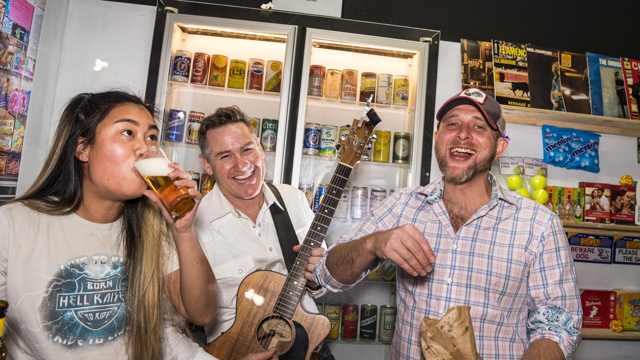 Celebrating the opening weekend of Bodega Bar are staff Ronna Minto and Percy Small with performer Russell Grey Bishop (centre). Picture: Kevin Farmer