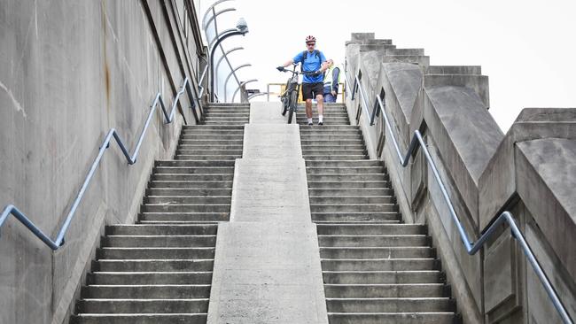 The bike stairs leading onto Sydney Harbour Bridge at Milsons Point. Picture: Renee Nowytarger.