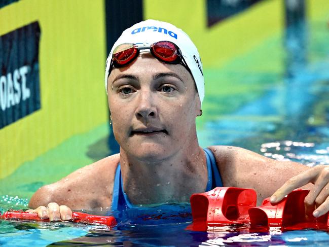 GOLD COAST, AUSTRALIA - APRIL 18: Cate Campbell is seen after competing in the Women's Open 50 LC Metre Freestyle during night two of the 2023 Australian Swimming Championships at Gold Coast Aquatic Centre on April 18, 2023 in Gold Coast, Australia. (Photo by Bradley Kanaris/Getty Images)