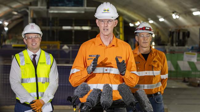 Minister for Transport and Main Roads Mark Bailey and Acting Premier Steven Miles at Woolloongabba Cross River Rail Site. Picture: Richard Walker