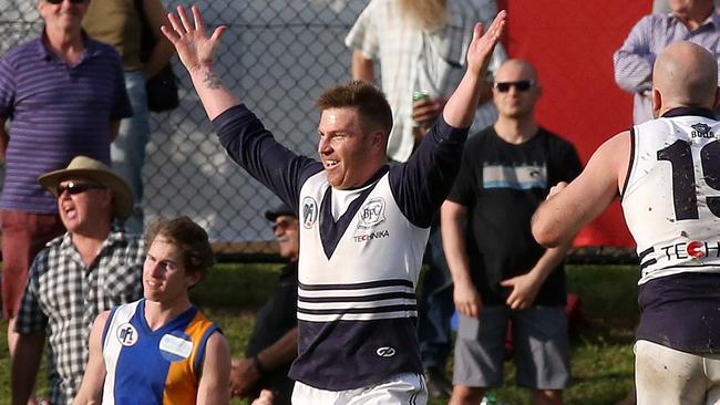 Gary Moorcroft celebrates his match-winning goal in the 2017 NFL Grand Final. Picture: George Salpigtidis