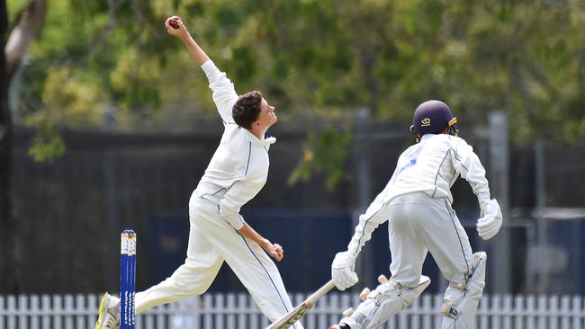 Churchie bowler Henry Hillier GPS First XI cricket between Churchie and The Southport School. Saturday February 25, 2022. Picture, John Gass