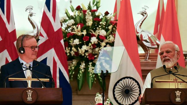 Australian Prime Minister Anthony Albanese and Indian Prime Minister Narendra Modi during a joint media briefing at Hyderabad House, in New Delhi. Picture: Money Sharma/AFP