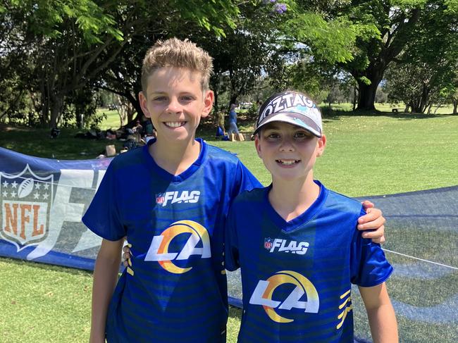 St Francis de Sales Catholic Primary School Woolooware students Kai Pistilli and Sia Owsnett at the 2024 U12 flag football national championships on the Gold Coast. Picture: Mitch Bourke.